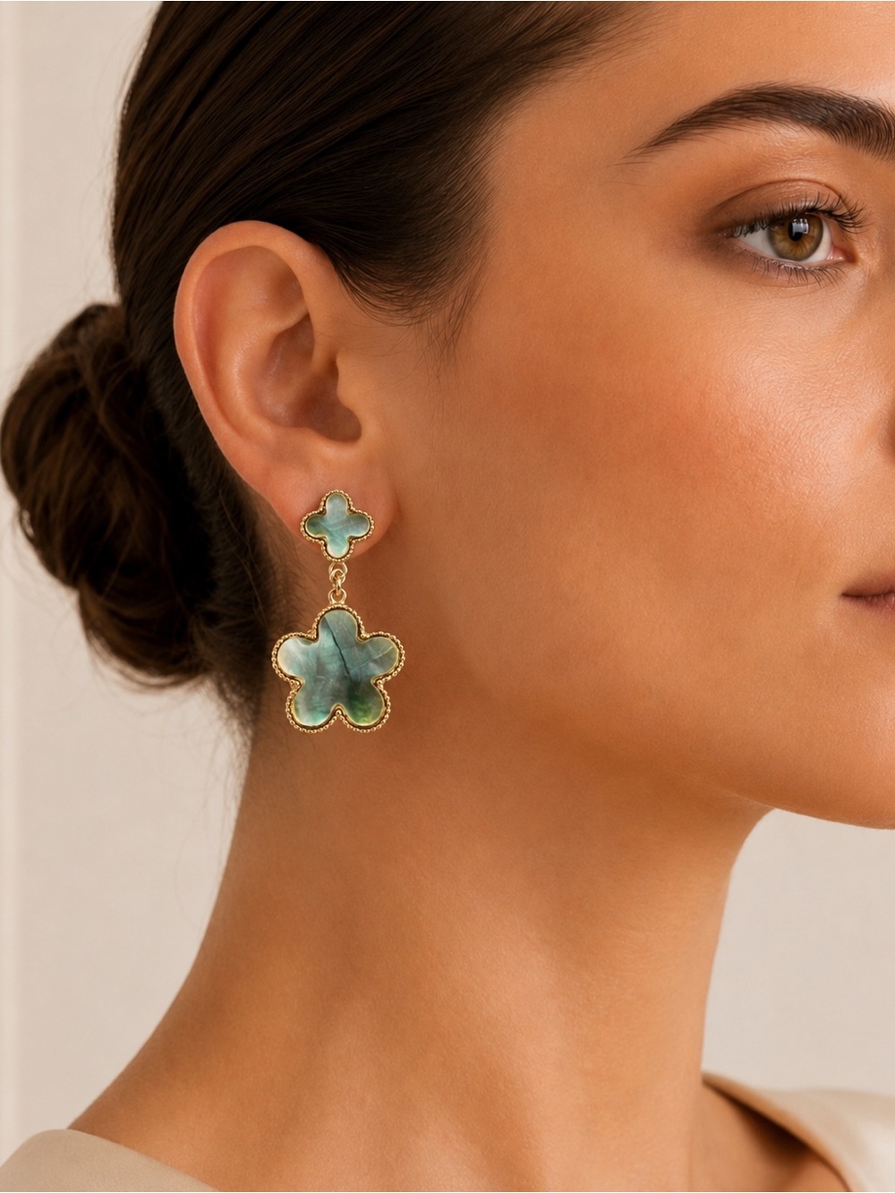 Van Cleef style Alhambra Mother-of-Pearl Clover Drop Earrings